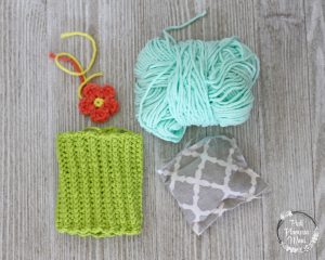 Free Crocheted Cactus that Stands Up under construction with bean bag. 